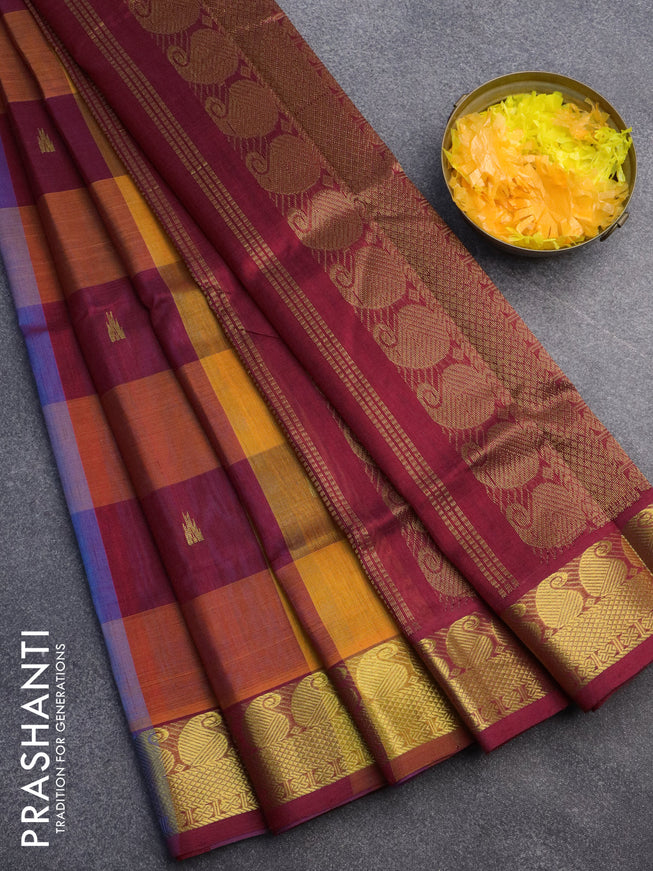 Silk cotton saree multi colour and maroon with allover paalum pazhamum checks & buttas and paisley zari woven border