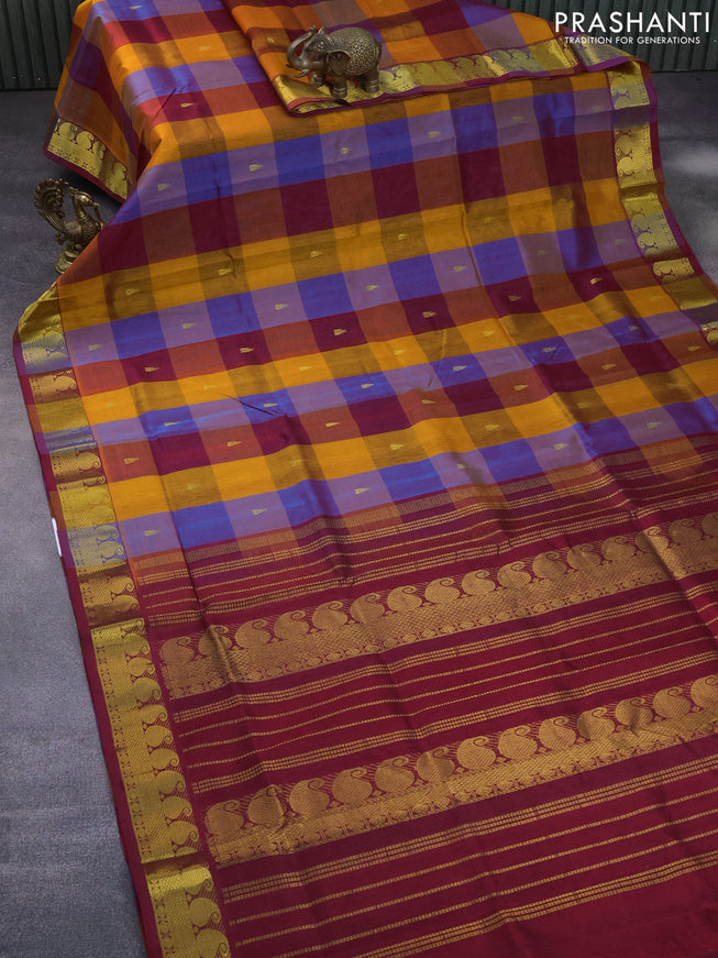 Silk cotton saree multi colour and maroon with allover paalum pazhamum checks & buttas and paisley zari woven border