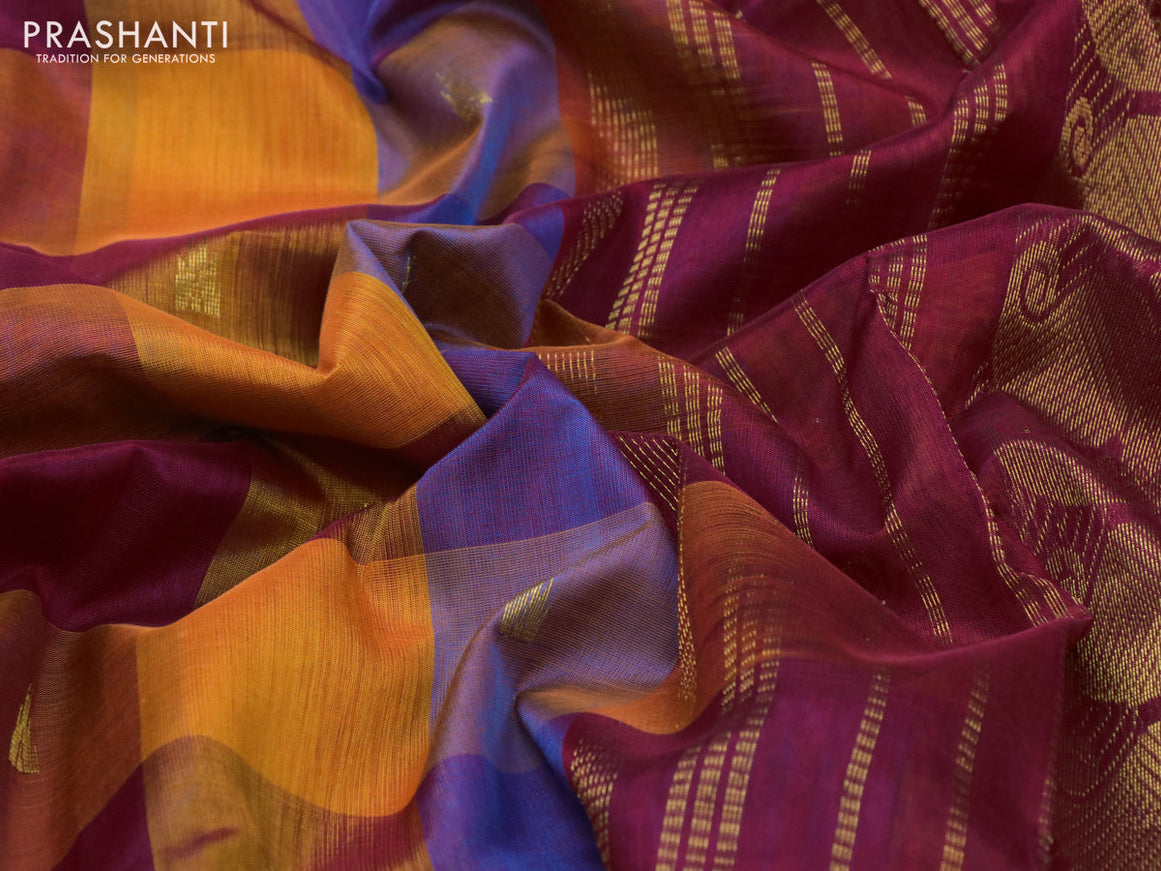 Silk cotton saree multi colour and maroon with allover paalum pazhamum checks & buttas and paisley zari woven border