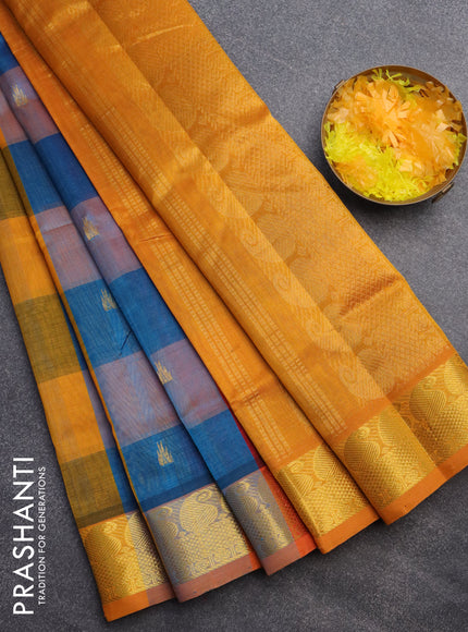 Silk cotton saree multi colour and mustard yellow with allover paalum pazhamum checks & buttas and paisley zari woven border