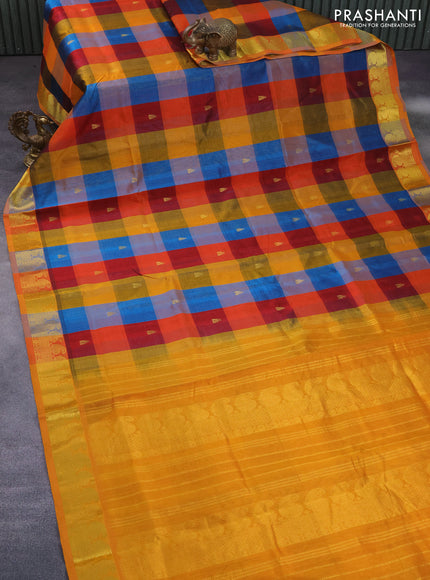 Silk cotton saree multi colour and mustard yellow with allover paalum pazhamum checks & buttas and paisley zari woven border