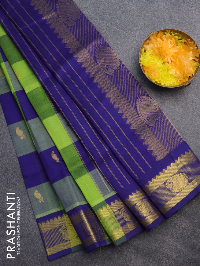 Silk cotton saree light green and blue with allover paalum pazhamum checks & buttas and zari woven border