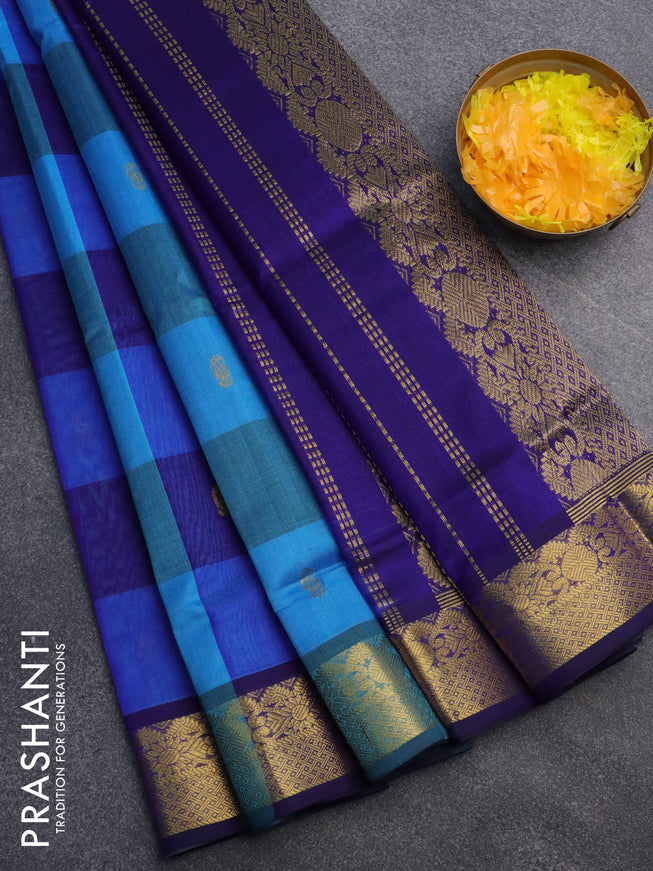 Silk cotton saree light blue and blue with allover paalum pazhamum checks & buttas and zari woven border