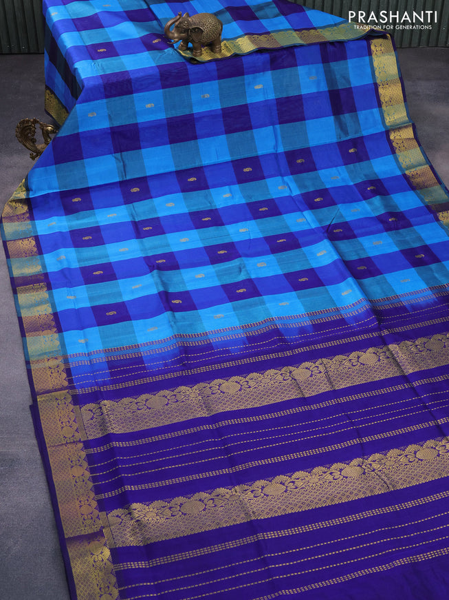 Silk cotton saree light blue and blue with allover paalum pazhamum checks & buttas and zari woven border