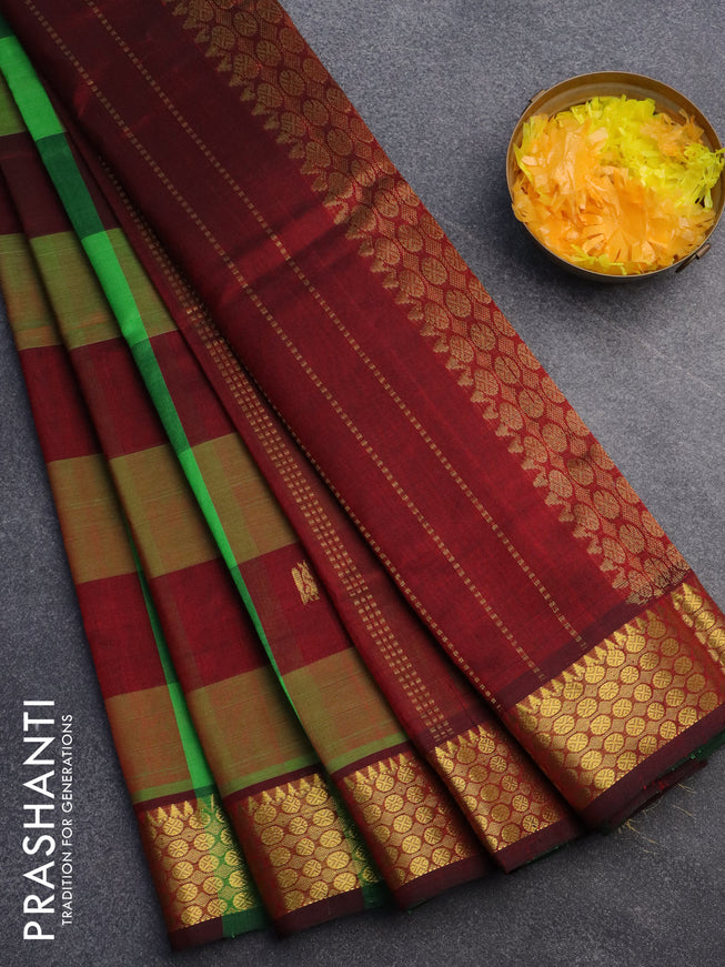 Silk cotton saree light green and maroon with allover paalum pazhamum checks & buttas and zari woven border