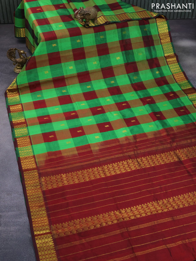 Silk cotton saree light green and maroon with allover paalum pazhamum checks & buttas and zari woven border