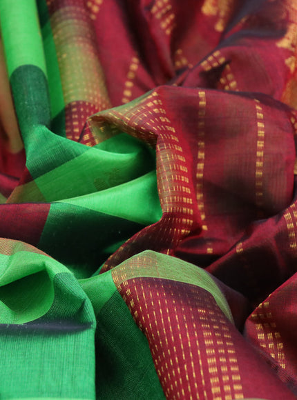 Silk cotton saree light green and maroon with allover paalum pazhamum checks & buttas and zari woven border