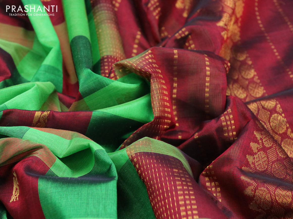 Silk cotton saree light green and maroon with allover paalum pazhamum checks & buttas and zari woven border