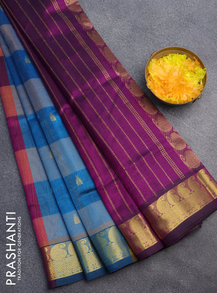 Silk cotton saree multi colour and deep purple with allover paalum pazhamum checks & buttas and paisley zari woven border