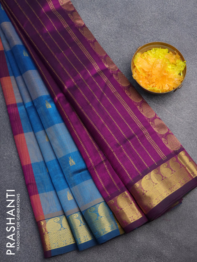 Silk cotton saree multi colour and deep purple with allover paalum pazhamum checks & buttas and paisley zari woven border