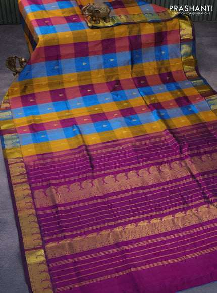 Silk cotton saree multi colour and deep purple with allover paalum pazhamum checks & buttas and paisley zari woven border