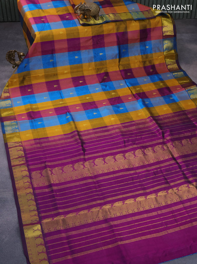 Silk cotton saree multi colour and deep purple with allover paalum pazhamum checks & buttas and paisley zari woven border