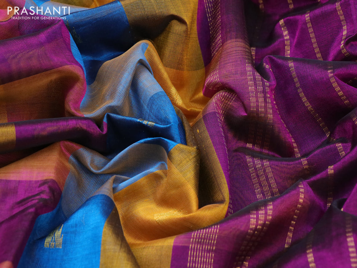 Silk cotton saree multi colour and deep purple with allover paalum pazhamum checks & buttas and paisley zari woven border