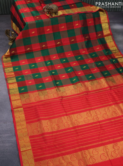 Silk cotton saree green and red with allover paalum pazhamum checks & buttas and paisley zari woven border