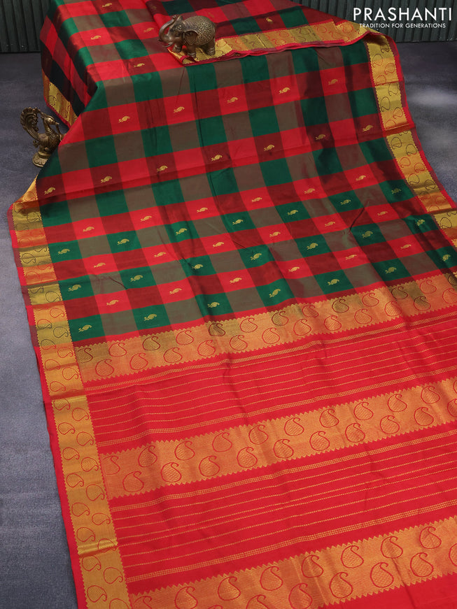 Silk cotton saree green and red with allover paalum pazhamum checks & buttas and paisley zari woven border