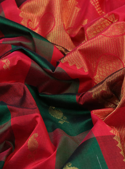 Silk cotton saree green and red with allover paalum pazhamum checks & buttas and paisley zari woven border