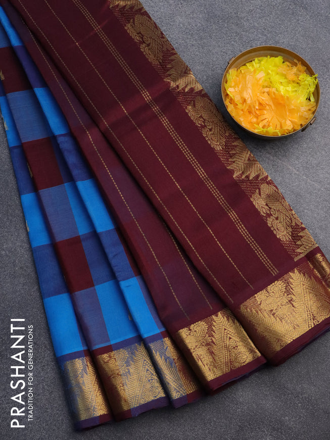 Silk cotton saree cs blue and deep maroon with allover paalum pazhamum checks & buttas and annam zari woven border