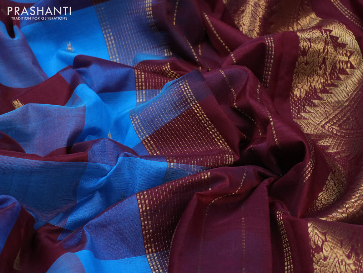 Silk cotton saree cs blue and deep maroon with allover paalum pazhamum checks & buttas and annam zari woven border