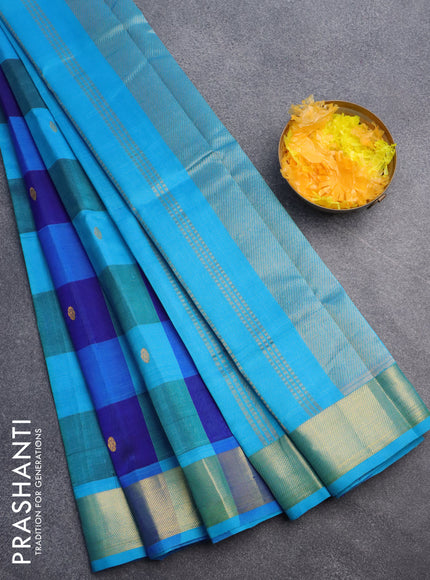 Silk cotton saree dark blue and blue with allover paalum pazhamum checks & buttas and zari woven border