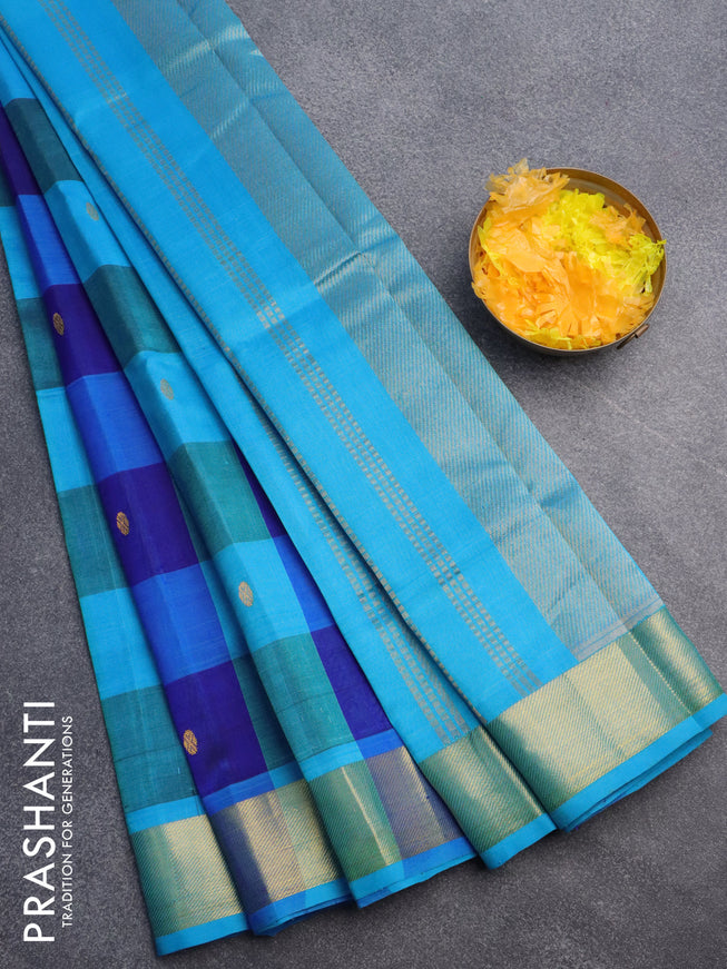 Silk cotton saree dark blue and blue with allover paalum pazhamum checks & buttas and zari woven border