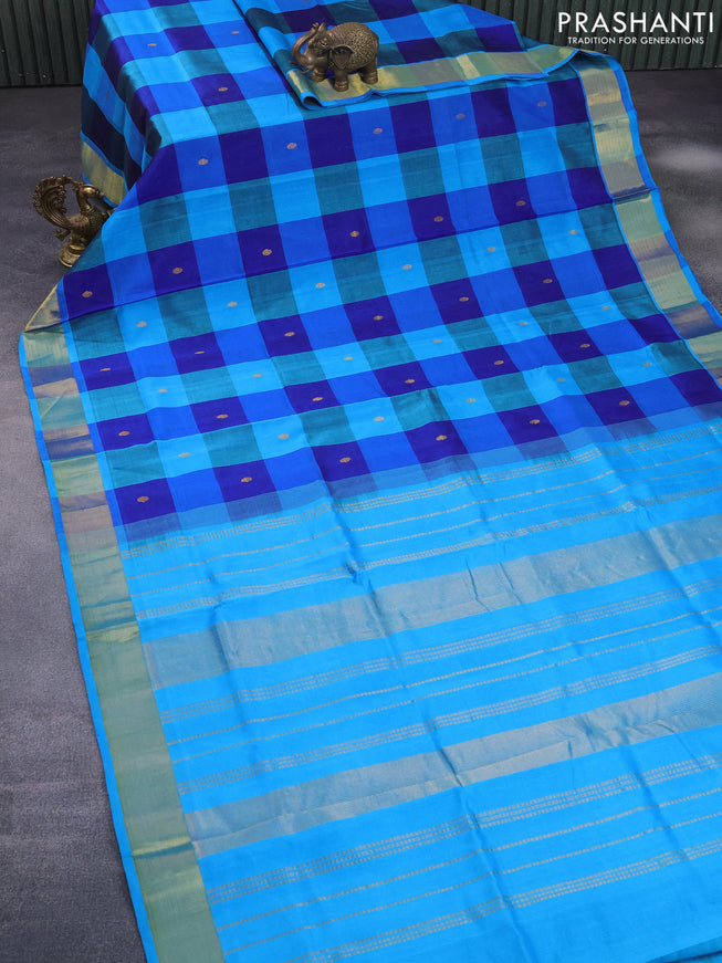 Silk cotton saree dark blue and blue with allover paalum pazhamum checks & buttas and zari woven border