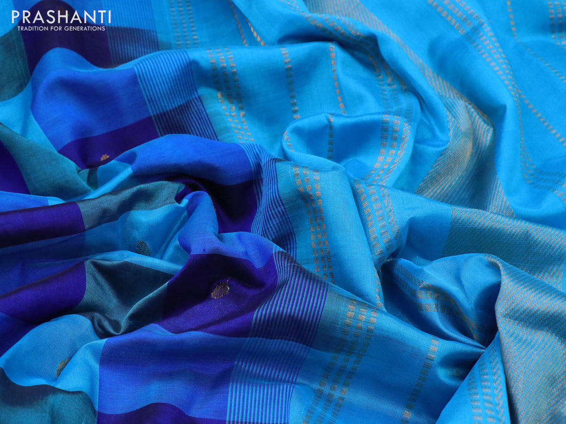 Silk cotton saree dark blue and blue with allover paalum pazhamum checks & buttas and zari woven border