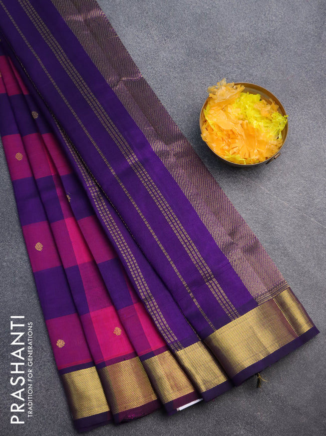 Silk cotton saree pink and violet with allover paalum pazhamum checks & buttas and zari woven border