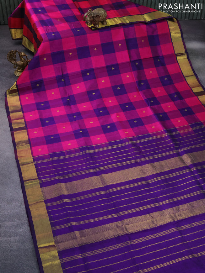 Silk cotton saree pink and violet with allover paalum pazhamum checks & buttas and zari woven border