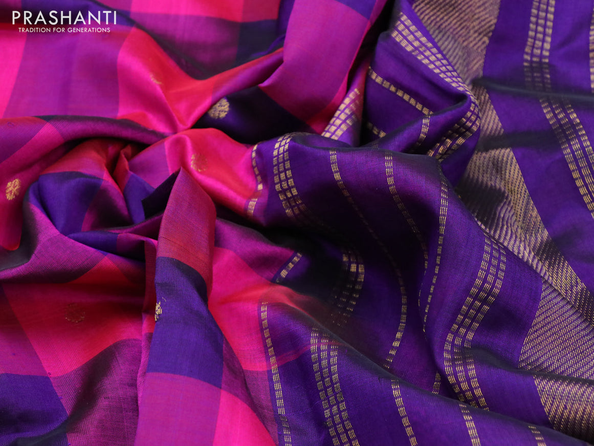 Silk cotton saree pink and violet with allover paalum pazhamum checks & buttas and zari woven border