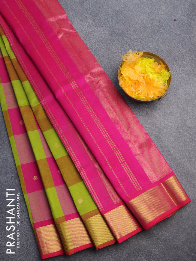 Silk cotton saree light green and pink with allover paalum pazhamum checks & buttas and zari woven border