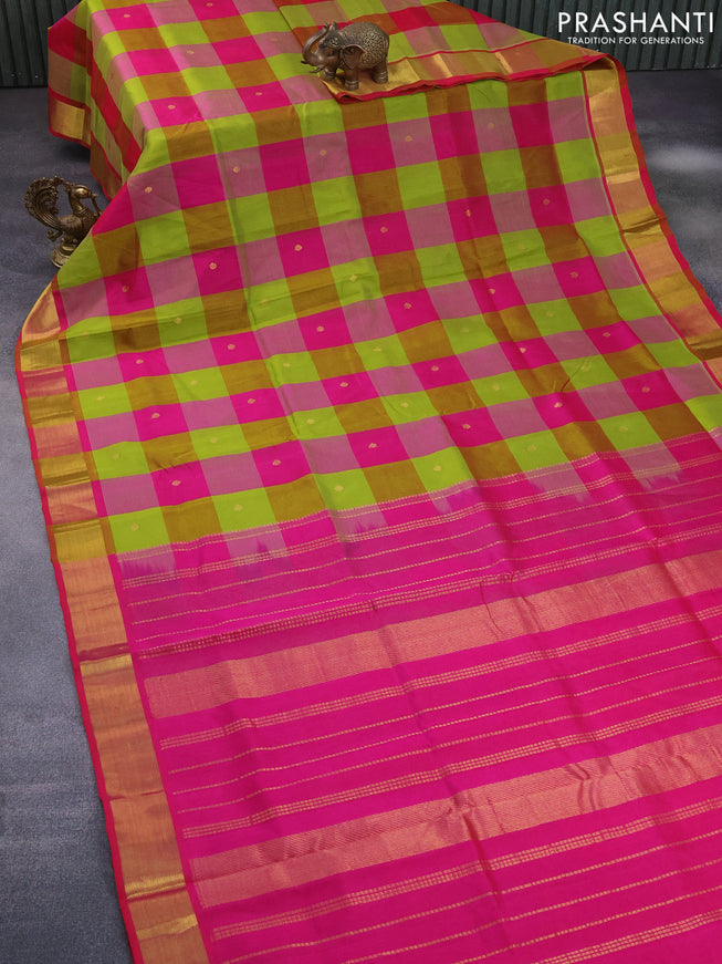 Silk cotton saree light green and pink with allover paalum pazhamum checks & buttas and zari woven border