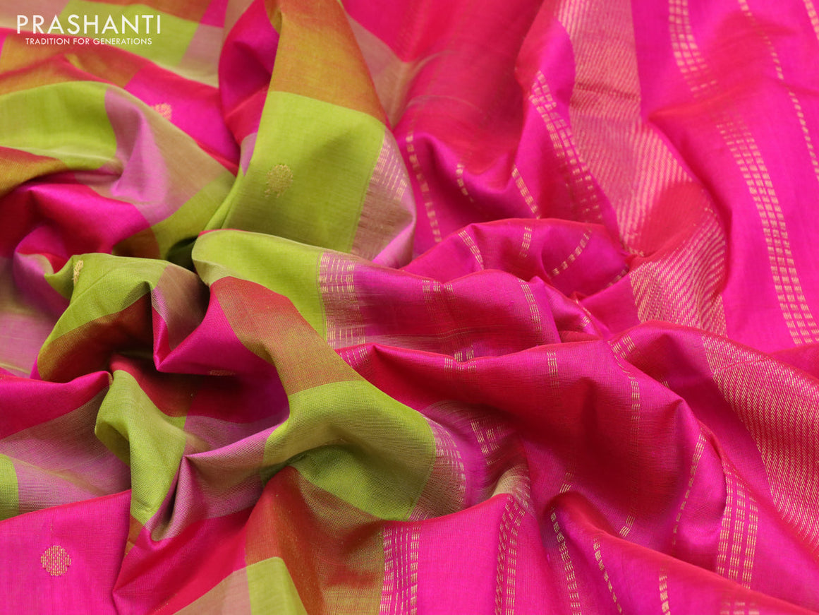 Silk cotton saree light green and pink with allover paalum pazhamum checks & buttas and zari woven border