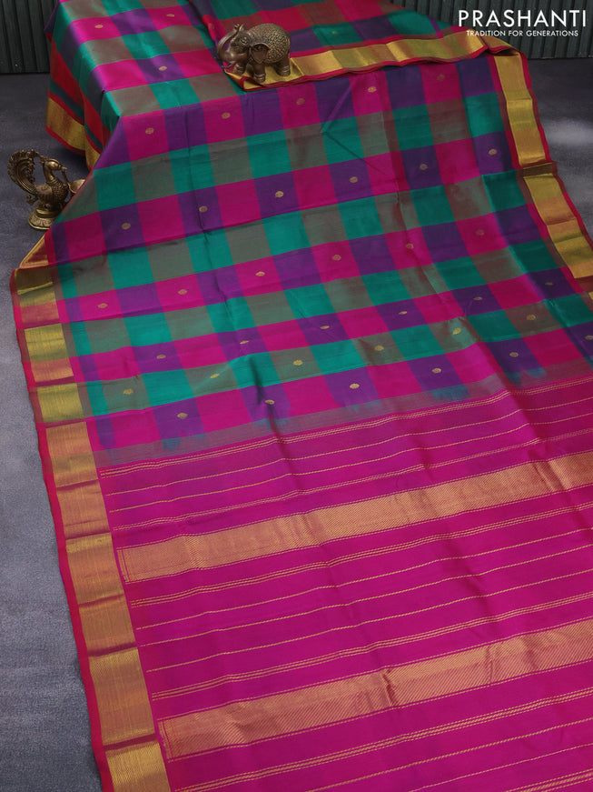 Silk cotton saree multi colour and pink with allover paalum pazhamum checks & buttas and zari woven border