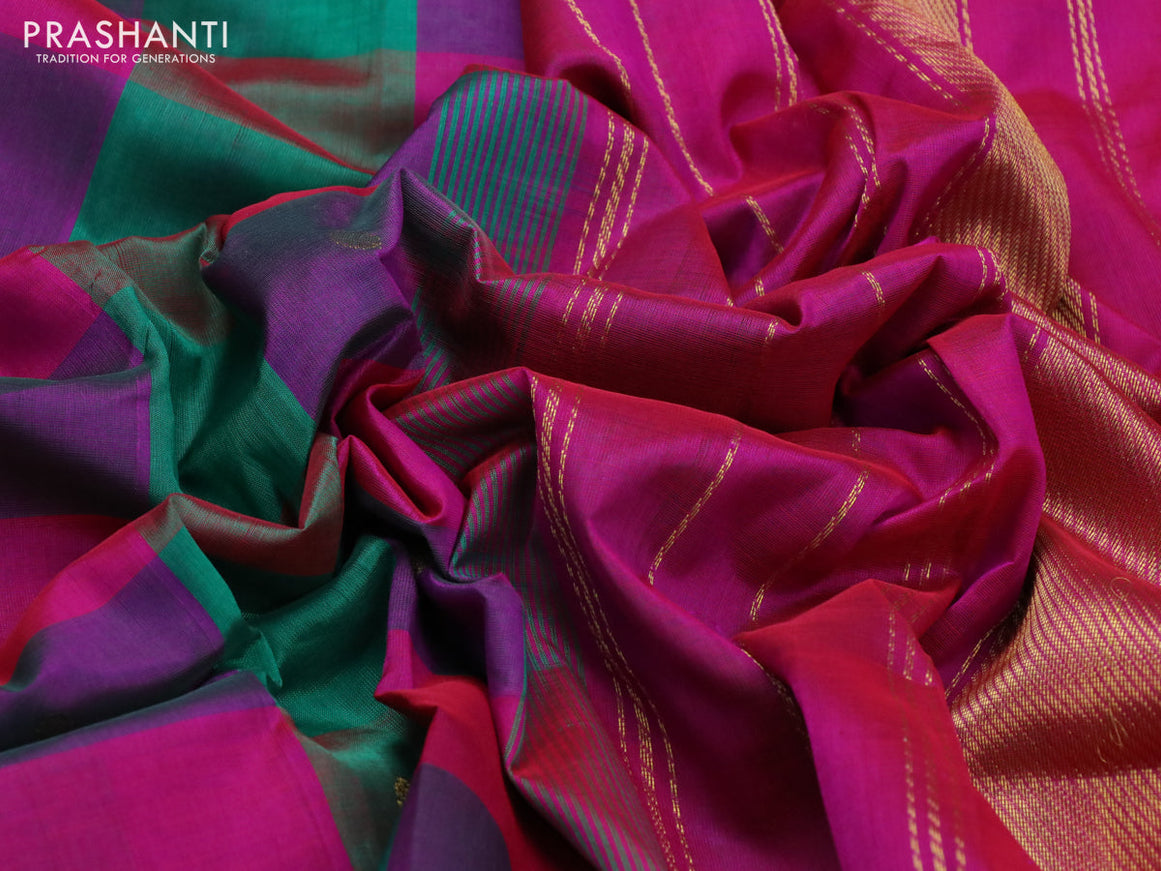 Silk cotton saree multi colour and pink with allover paalum pazhamum checks & buttas and zari woven border