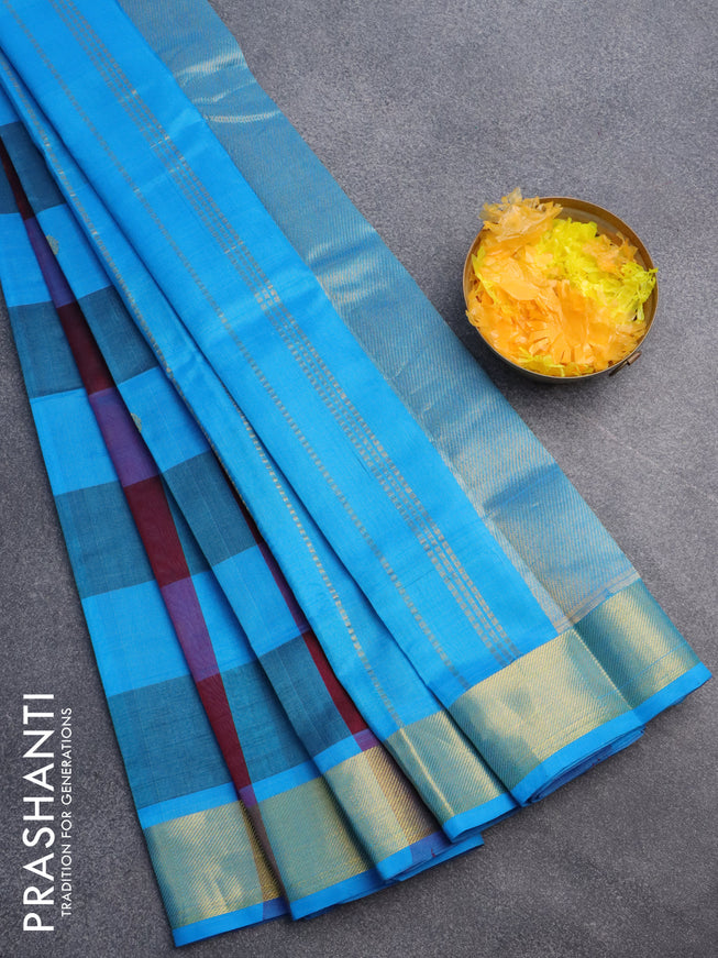 Silk cotton saree deep maroon and light blue with allover paalum pazhamum checks & buttas and zari woven border