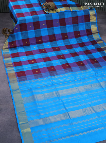 Silk cotton saree deep maroon and light blue with allover paalum pazhamum checks & buttas and zari woven border