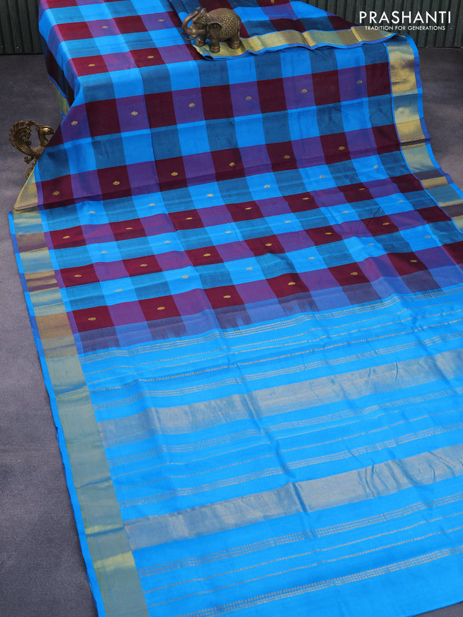 Silk cotton saree deep maroon and light blue with allover paalum pazhamum checks & buttas and zari woven border