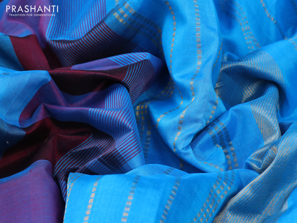 Silk cotton saree deep maroon and light blue with allover paalum pazhamum checks & buttas and zari woven border