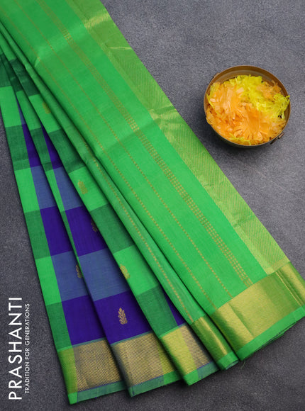 Silk cotton saree light green and blue with allover paalum pazhamum checks & buttas and zari woven border