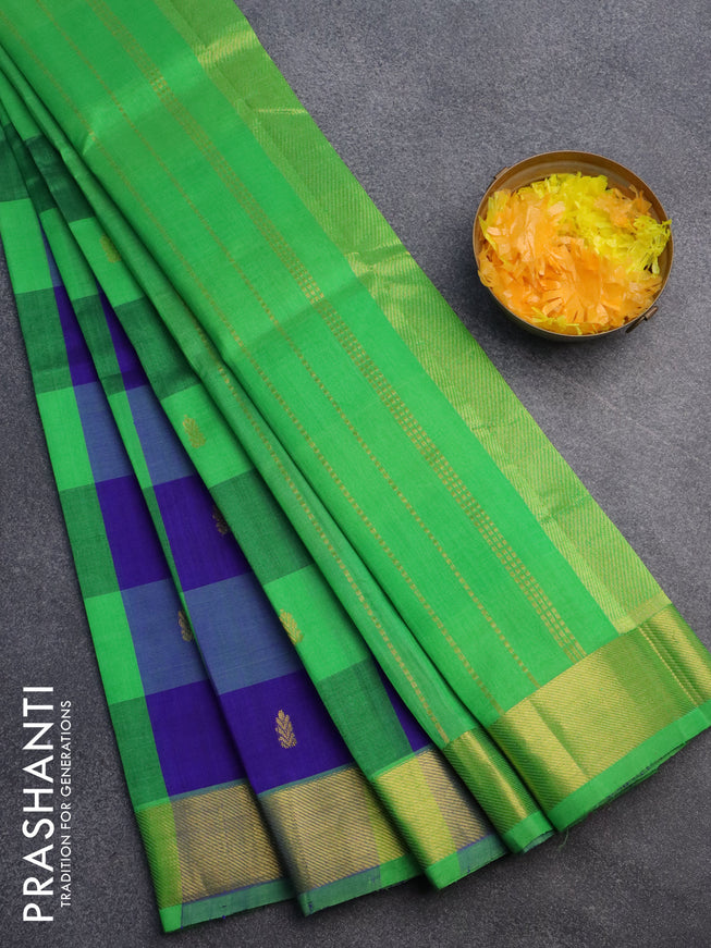 Silk cotton saree light green and blue with allover paalum pazhamum checks & buttas and zari woven border