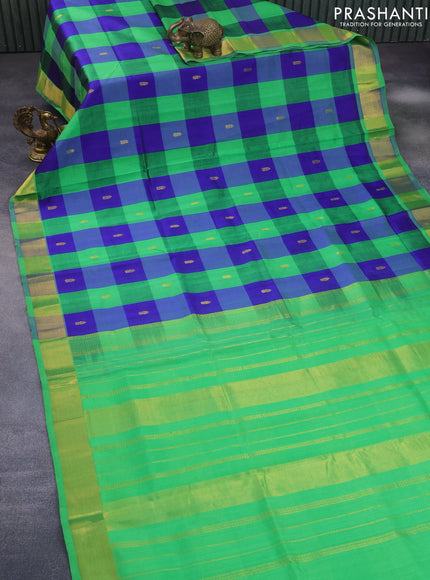 Silk cotton saree light green and blue with allover paalum pazhamum checks & buttas and zari woven border