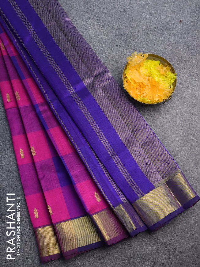 Silk cotton saree pink and blue with allover paalum pazhamum checks & buttas and zari woven border