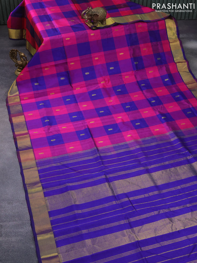 Silk cotton saree pink and blue with allover paalum pazhamum checks & buttas and zari woven border