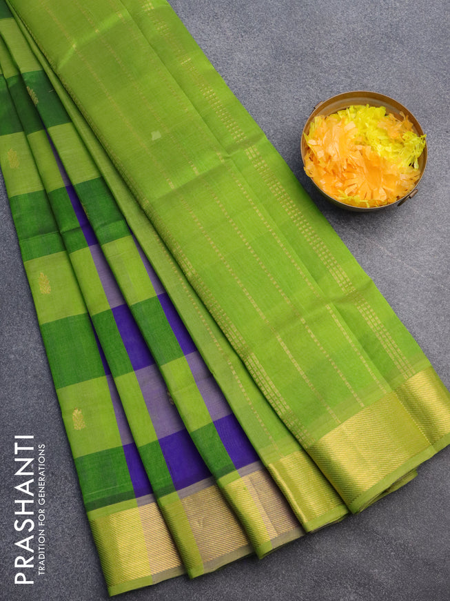 Silk cotton saree blue and light green with allover paalum pazhamum checks & buttas and zari woven border