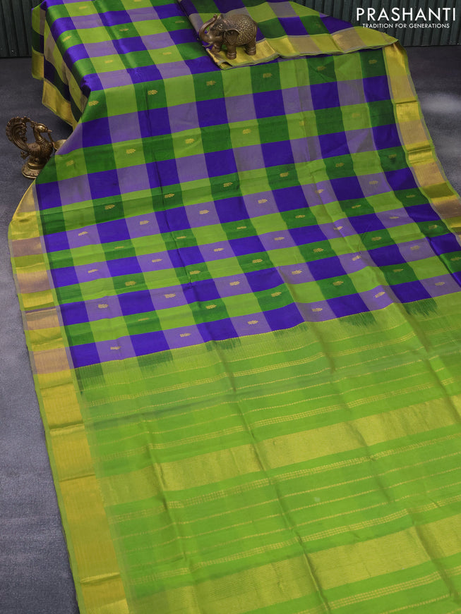 Silk cotton saree blue and light green with allover paalum pazhamum checks & buttas and zari woven border