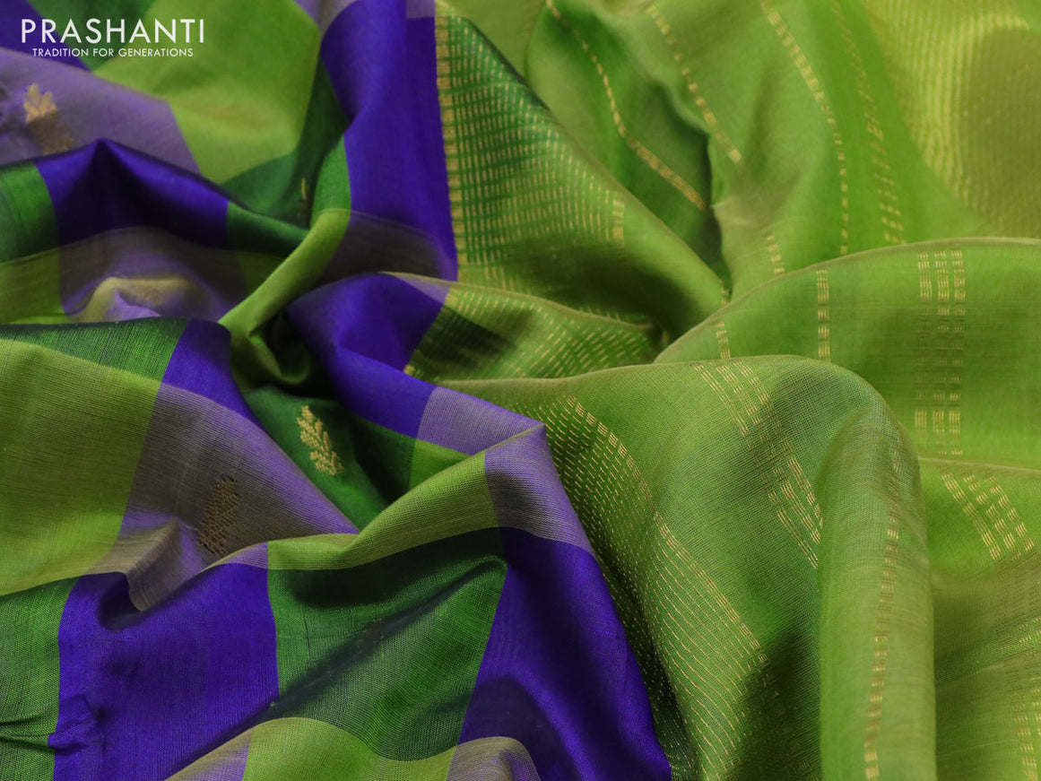 Silk cotton saree blue and light green with allover paalum pazhamum checks & buttas and zari woven border