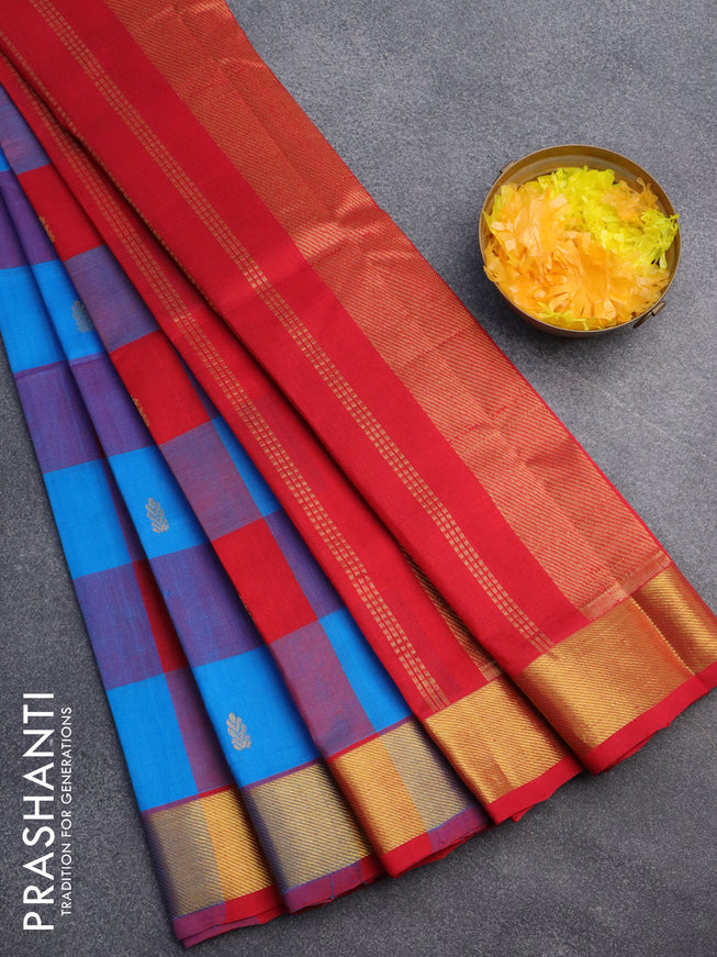 Silk cotton saree cs blue and red with allover paalum pazhamum checks & buttas and zari woven border