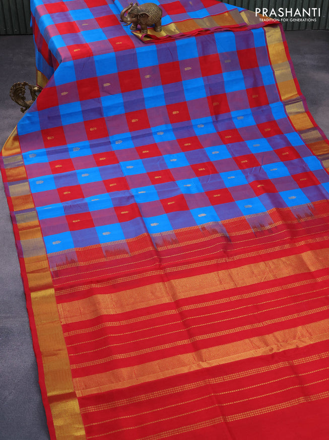 Silk cotton saree cs blue and red with allover paalum pazhamum checks & buttas and zari woven border