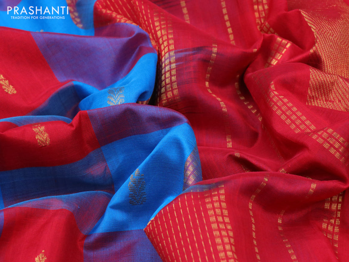 Silk cotton saree cs blue and red with allover paalum pazhamum checks & buttas and zari woven border