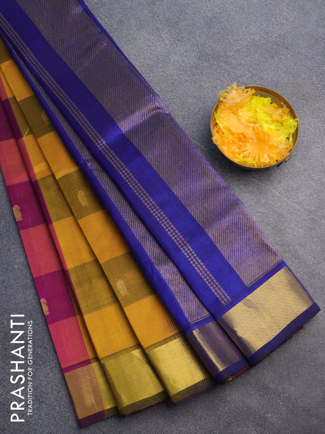 Silk cotton saree multi colour and blue with allover paalum pazhamum checks & buttas and zari woven border